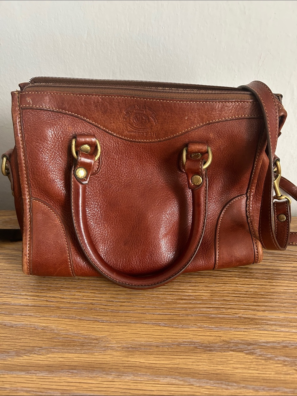 Ghurka Chestnut Brown Leather Satchel with Brass Hardware